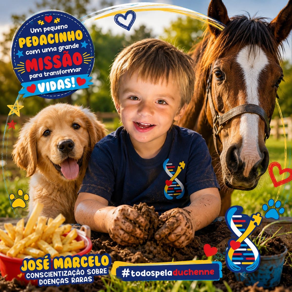 José Marcelo sorrindo, com as mãos na terra, ao lado de um filhote de cachorro e de um cavalo, na arte oficial da campanha